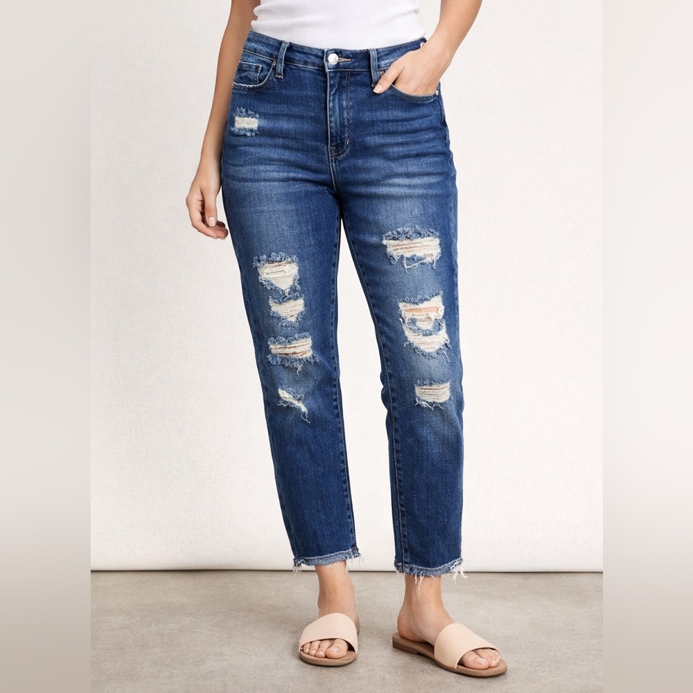 Judy Blue‎ Jeans Women's Sz 5/27 Boyfriend Fit Mid Rise Distressed Blue Denim